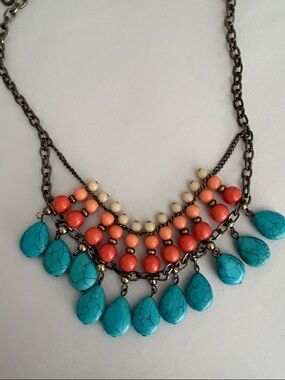 Boho Teardrop Bib Necklace in Turquoise and Coral